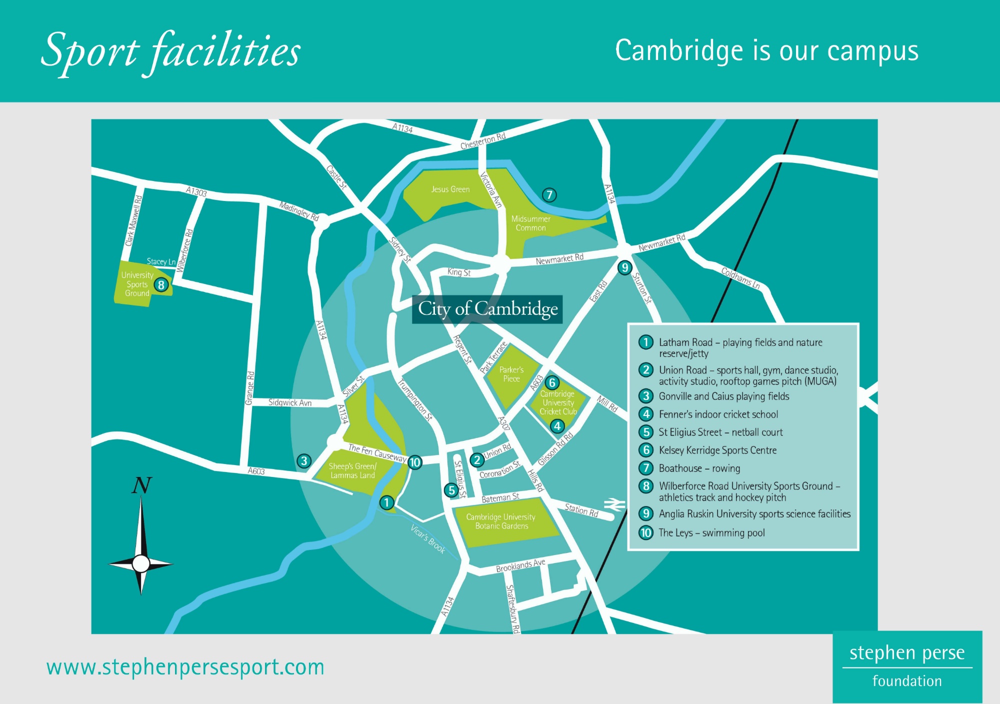 Map showing Stephen Perse Sports facilities