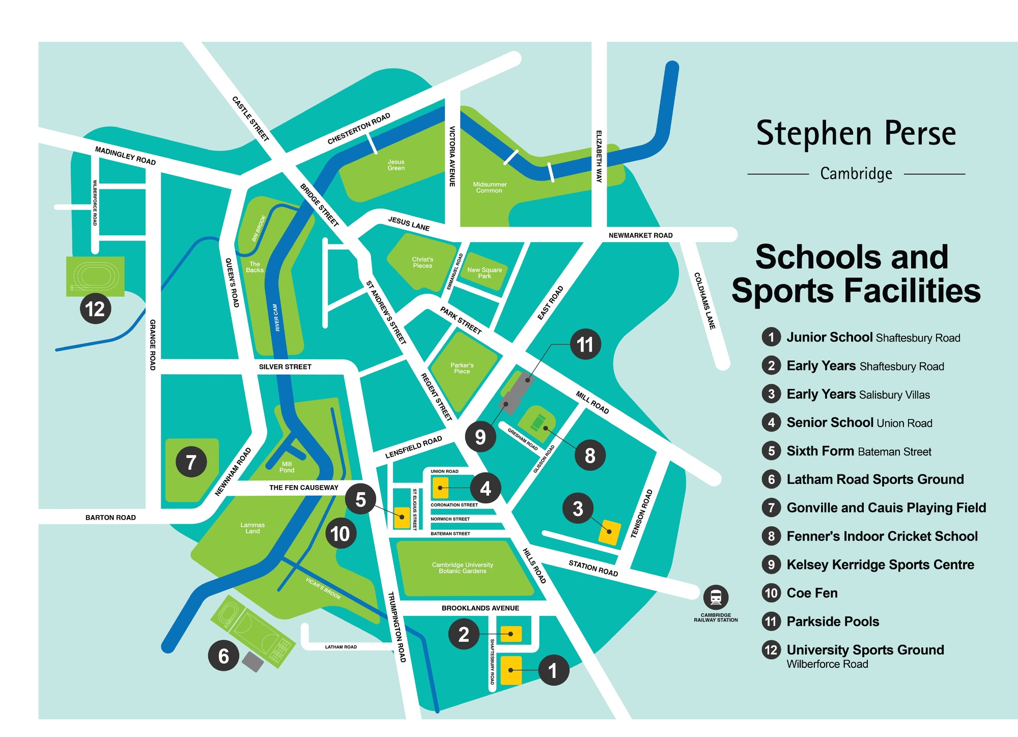 Stephen Perse School and Sports Facilities Map of Cambridge showing school locations and sports facilities